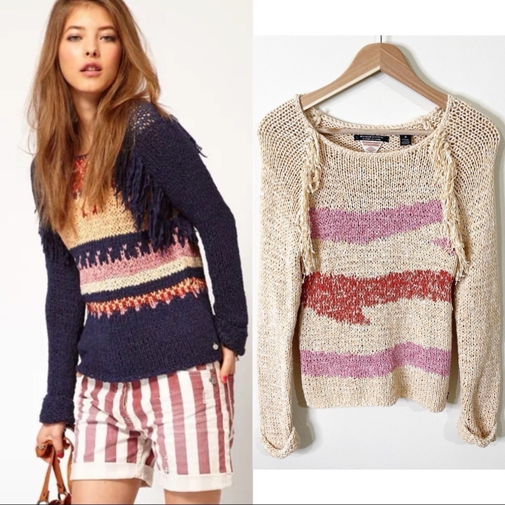 Maison Scotch Beige Aztec Fringed Open Knit Folky Jumper Sweater Size XS NWOT - Picture 1 of 8